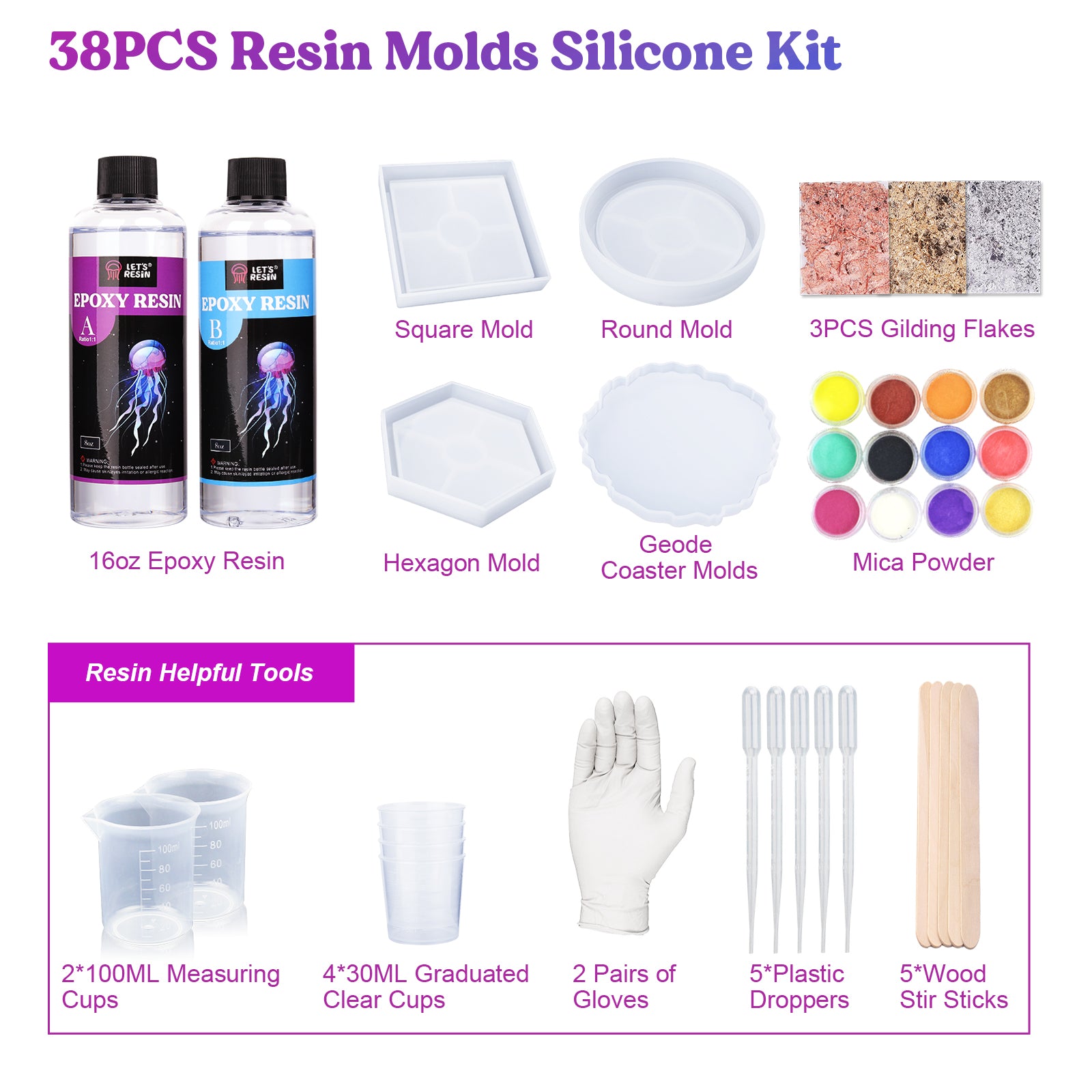 Resin Kit with EVERYTHING, Coaster Set - 40 Pcs 4 molds+resin+12 colors  mica powder+23 Pcs tools&supplies, Resin Starter Kit, beginner kit, pigment  – Let's Resin
